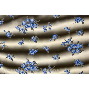 Мягкий жаккард в мелкую поперечную полоску с мелкими цветочками в синих тонах