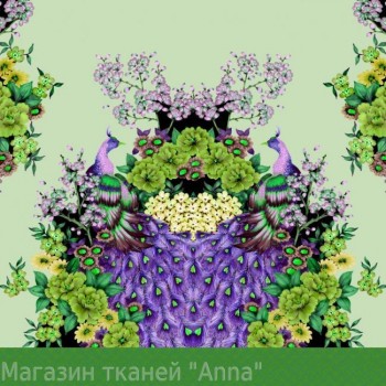 Крепдешин - Птица павлин в зелено-фиолетовых тонах с цветами