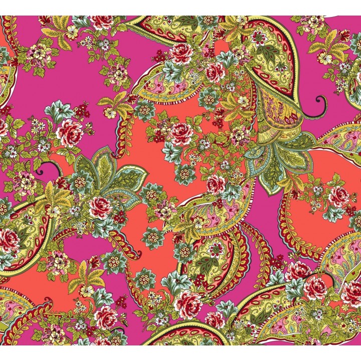 Тонкий полупрозрачный шелк с цветами и индийским узором в розово-малиновой гамме