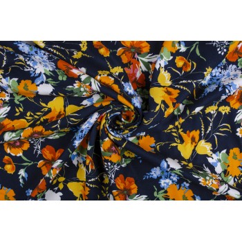 Штапель для одежды - мелкие оранжевые цветы нв черном фоне